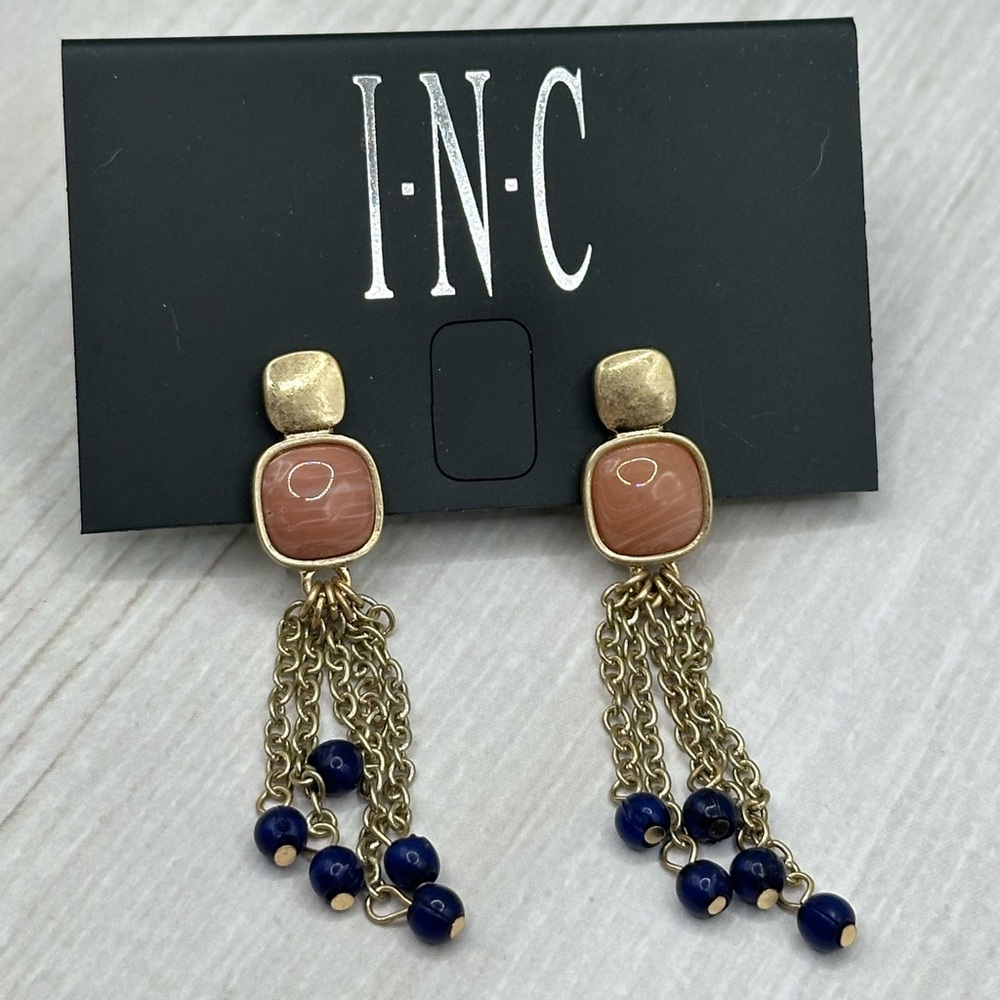 Brand New INC International Concepts Goldtone/Peach/Navy Blue Earrings